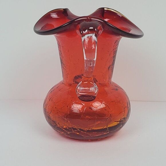 Amberina Red Orange Hand Blown Crackled Art Glass Mini Cruet Pitcher Jug Vintage - Picture 2 of 12